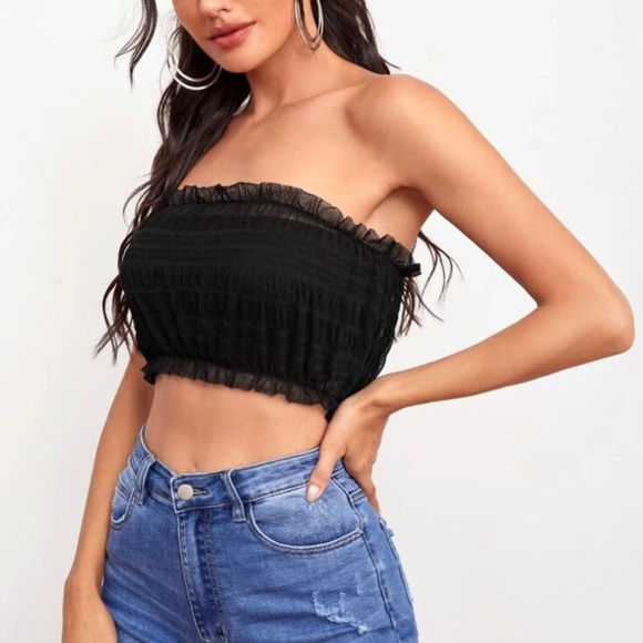⭐️LAST ONE⭐️ Frill Trim Shirred Mesh Tube Top - Picture 2 of 4